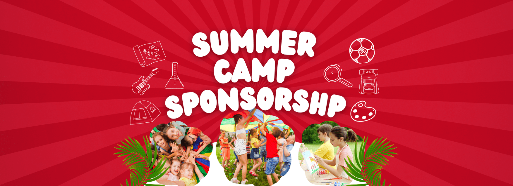 Red sunburst graphic with the words Summer Camp Scholarship. Photos of kids taking part in arts and crafts activities.