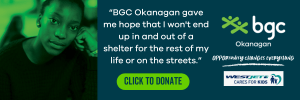 Photo of a youth with a testimonial about the Youth Shelter and youth homelessness prevention programs offered by BGC Okanagan.